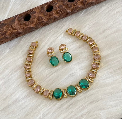 Antique gold tone white stone baby pink peacock green stone necklace set dj-54810