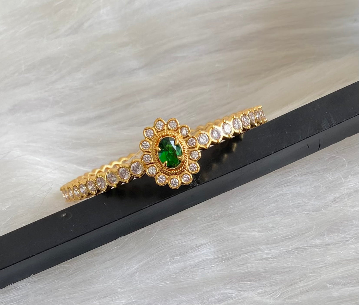 Gold tone AD white green stone diamond look alike bangle/kada(2.10) Dj-54873