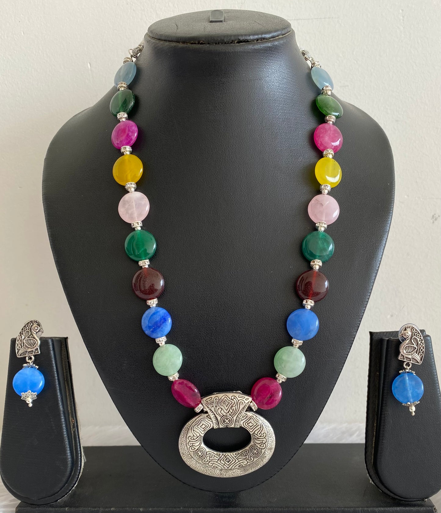 Silver tone multicolour beaded pendant hand made necklace set dj-52918