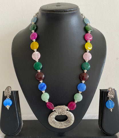 Silver tone multicolour beaded pendant hand made necklace set dj-52918