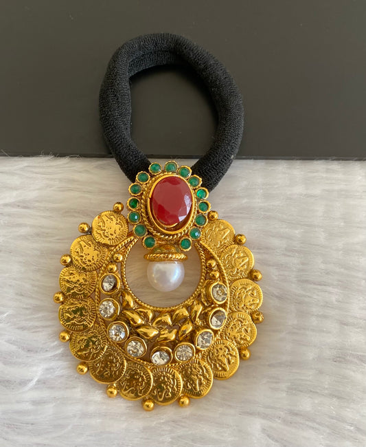 Antique gold tone lakshmi coin ruby-green hair band dj-52941
