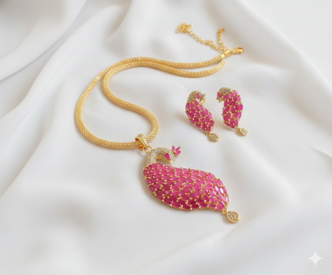 Gold Tone Cz Ruby-white Peacock necklace Set DJ25475