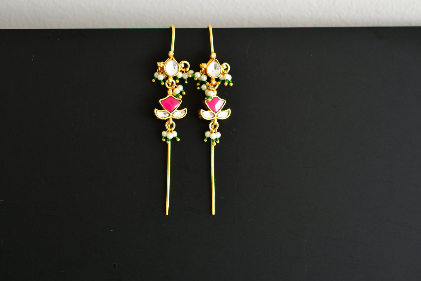 Gold tone pink-green-white kundan jadau flower bugadi needle earrings dj-52455