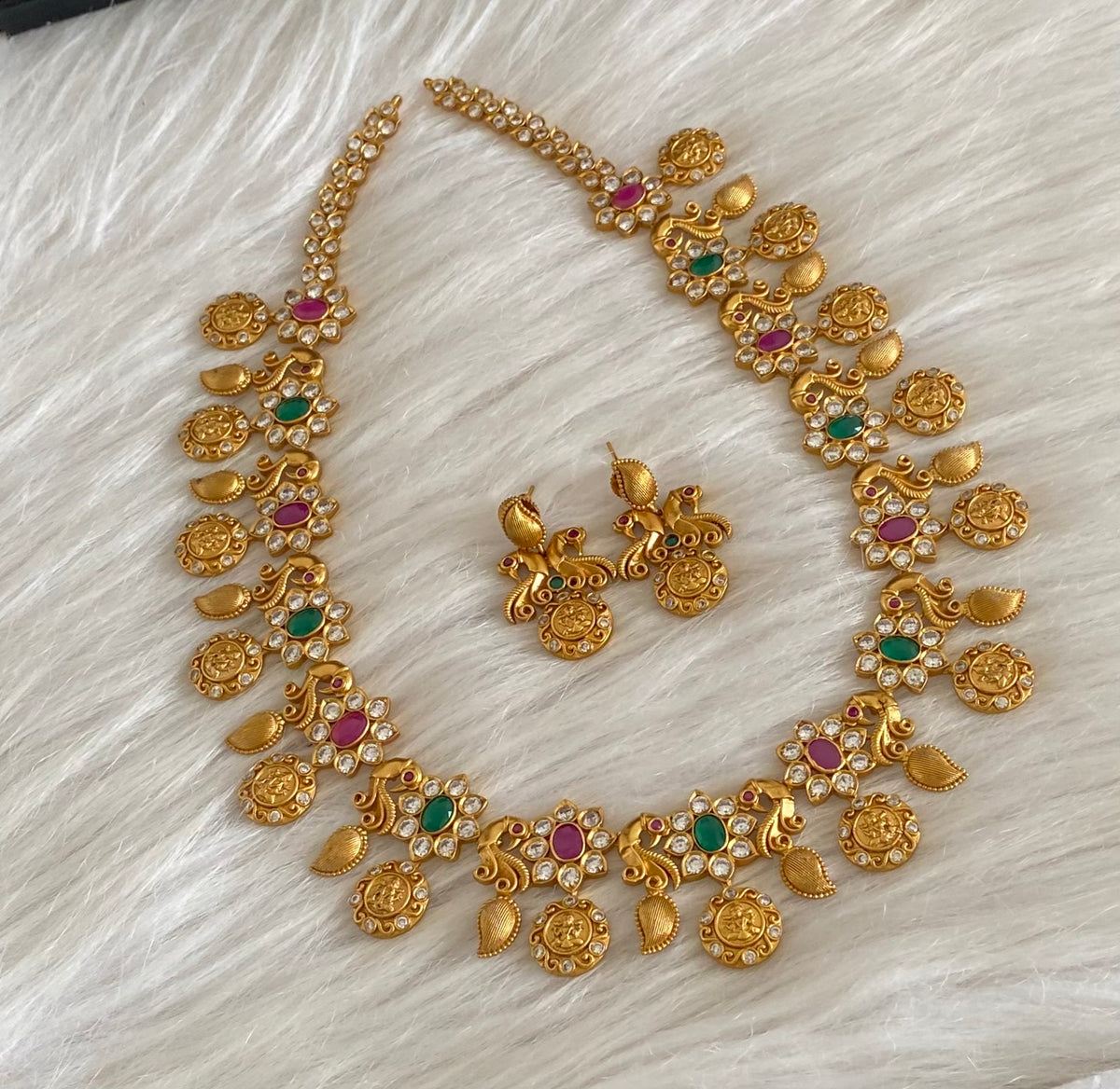 Matte finish ruby-emerald peacock lakshmi coin short haar set dj-55001