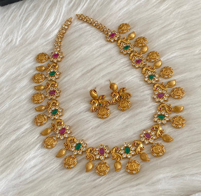 Matte finish ruby-emerald peacock lakshmi coin short haar set dj-55001