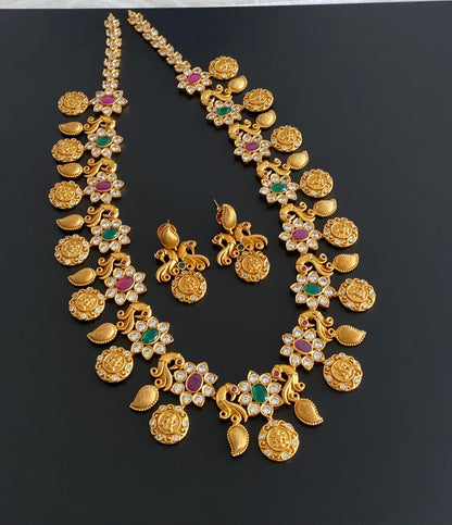 Matte finish ruby-emerald peacock lakshmi coin short haar set dj-55001