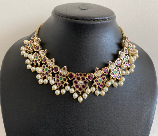 Gold tone precious kemp-green-white pearl necklace dj-53233