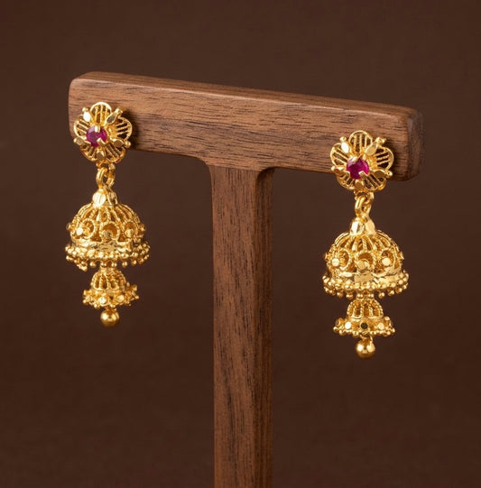 Gold tone pink stone flower screw back  step jhumkka-dj52886
