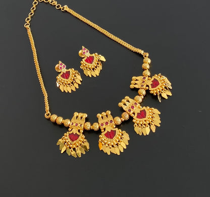 Gold tone kerala style pink-red palakka elakka necklace set dj-54695
