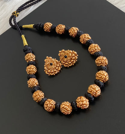 Antique gold tone black thread nakshi beaded necklace set dj-54951