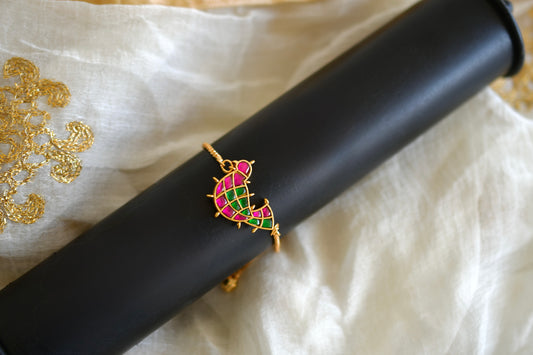 Gold tone pink-green kundan jadau bird bracelet dj-52667