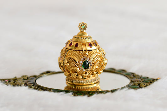 Antique gold tone kemp-green flower kumkum box dj-52313