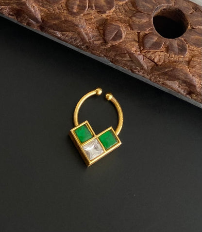 Gold tone kundan jadau green-white stone nose pin/bulakku dj-53749