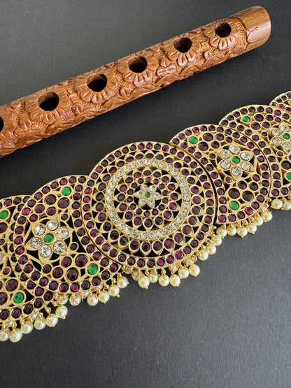 Gold tone precious kemp-green-white pearl sun-moon waist band dj-52305