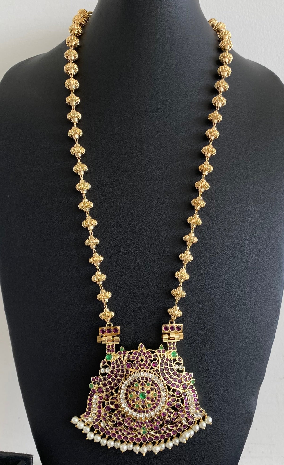 Gold tone precious kemp-green-white peacock flower nakshi beaded haar dj-54733