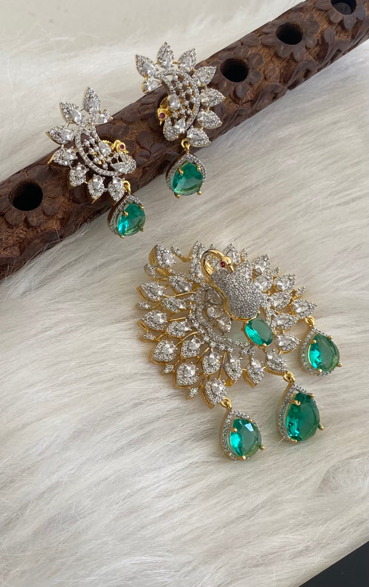 Two tone cz white green peacock pendant set dj-54659