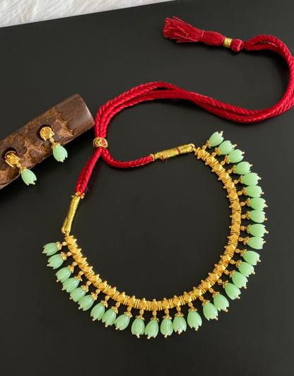 Antique gold tone sea green tulip beaded necklace set dj-54366