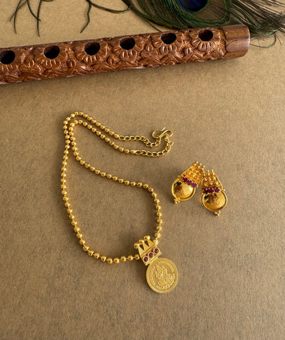 Gold tone pink stone lakshmi coin necklace set dj-51679