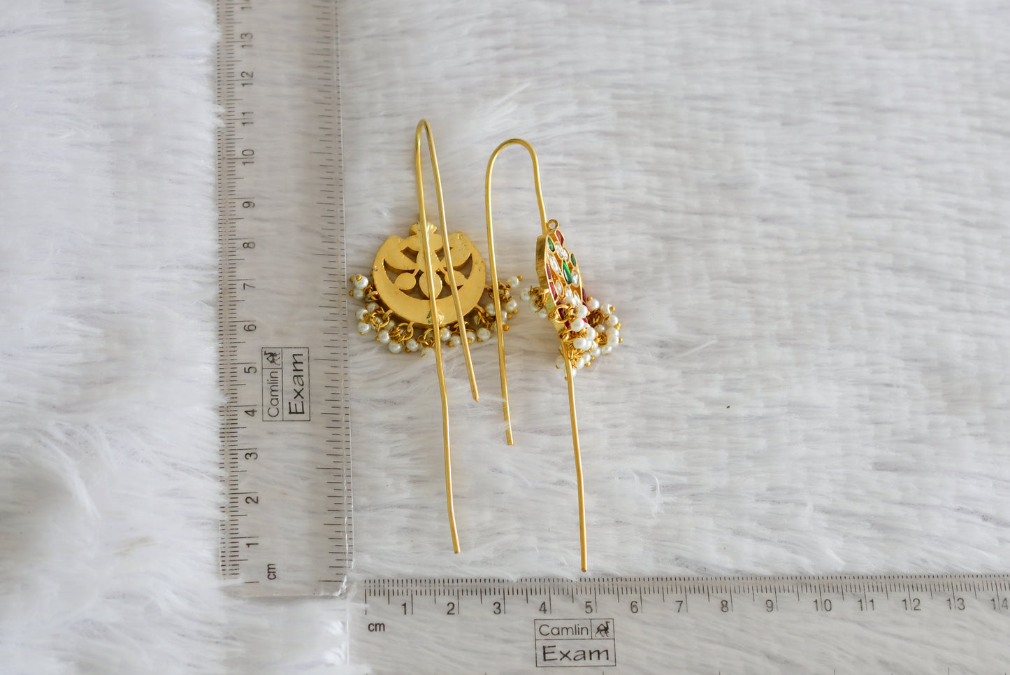 Gold tone pink-green-white kundan jadau bali bugadi needle earrings dj-52458