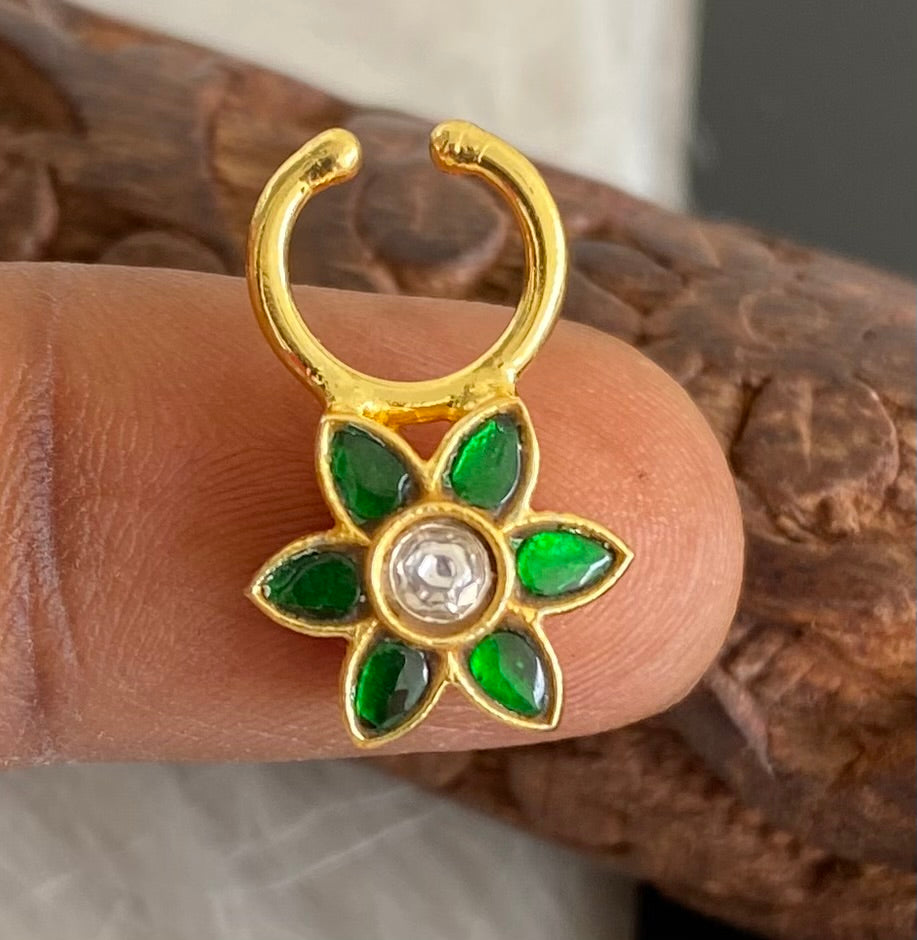Gold tone kundan jadau green-white stone flower nose pin/bulakku dj-53775