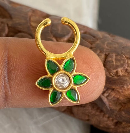 Gold tone kundan jadau green-white stone flower nose pin/bulakku dj-53775