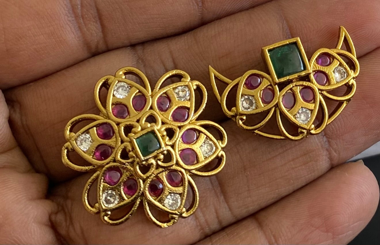 Antique gold tone small kemp-green-white flower sun moon hair jewel dj-53655