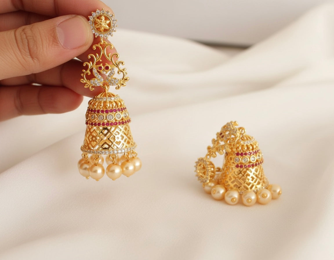 Gold tone Cz-ruby Pearl Peacock Jhumkka-dj17204