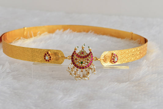 Gold tone pink-green-white kundan jadau moon mango waist band dj-52169