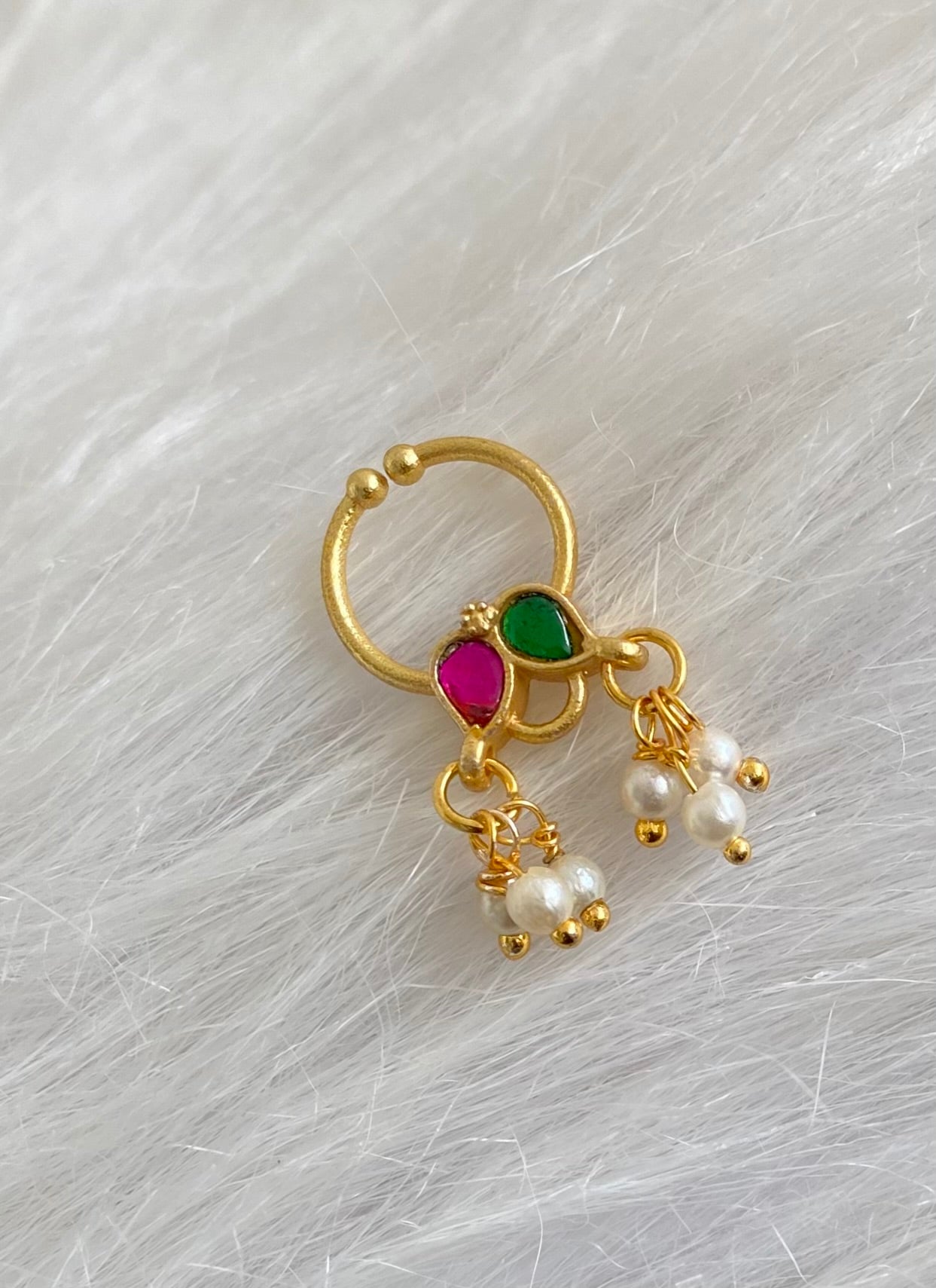 Gold tone kundan jadau green-pink stone pearl nose pin/bulakku dj-53805