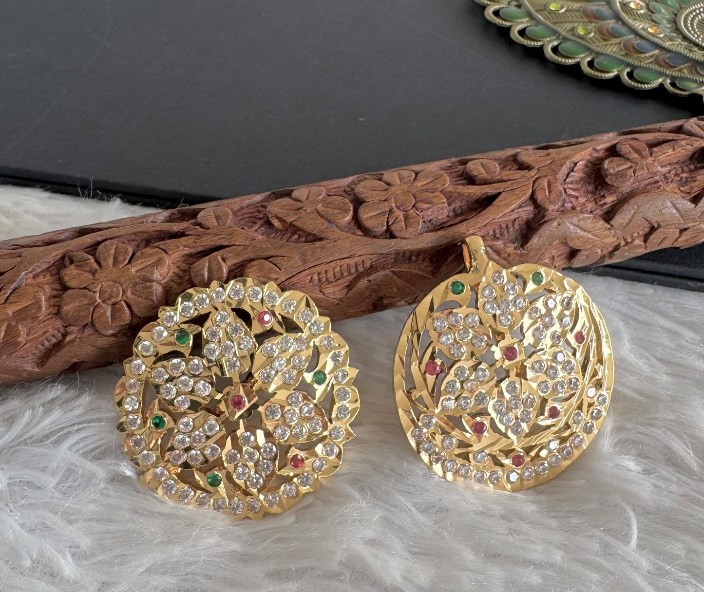 Gold tone AD pink-green flower sun moon hair jewel dj-52022