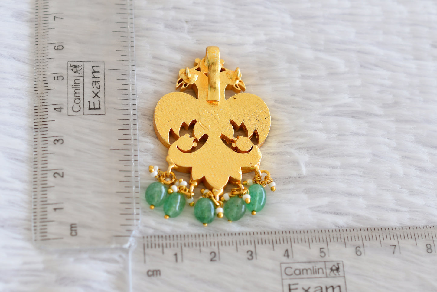 Gold tone pink-green-white kundan jadau ganda berunda small green bead pendant dj-50661