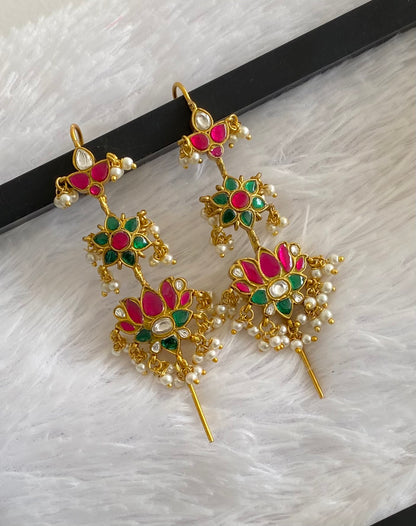 Gold tone pink-green-white kundan jadau lotus bugadi needle earrings dj-54374