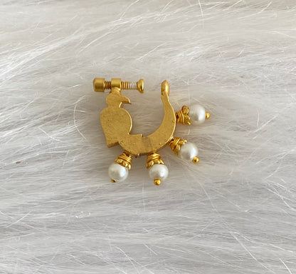 Gold tone kundan jadau pink-green stone pearl bird nose pin dj-53720