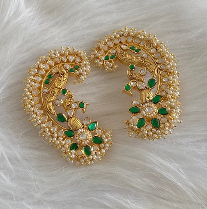 Gold tone white-green kundan jadau big peacock khanpool earrings dj-54571