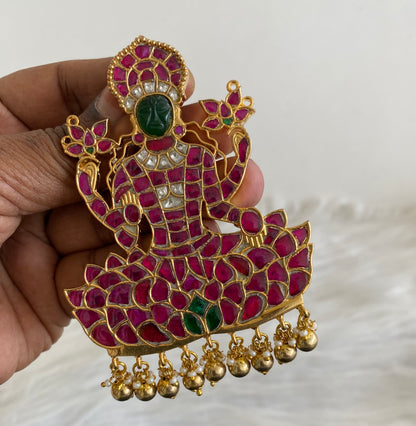 Gold tone pink-green-white kundan jadau lakshmi pendant dj-53844