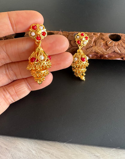 Gold tone coral-pearl beaded step jhumkka dj-51280