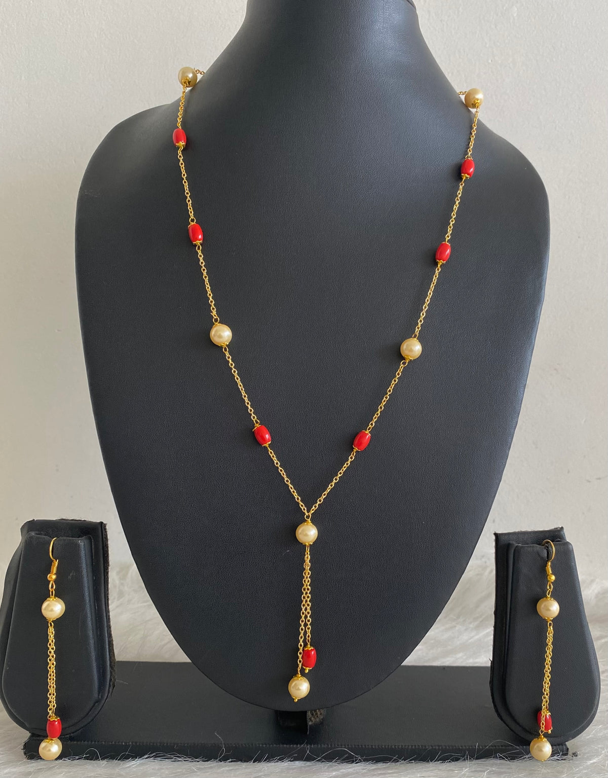 Gold tone coral-pearl necklace set dj-54986