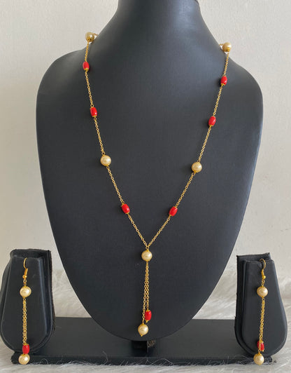 Gold tone coral-pearl necklace set dj-54986