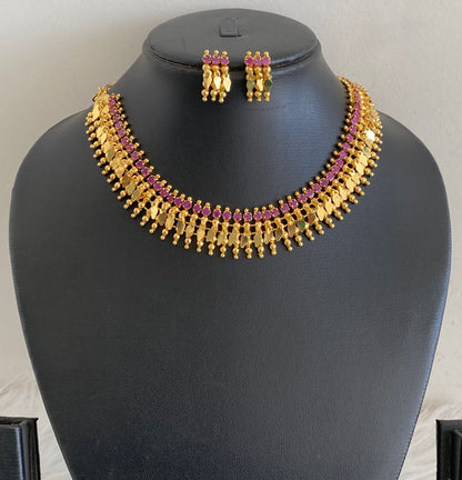 Gold tone AD ruby stone elakka thali choker necklace set dj-55024