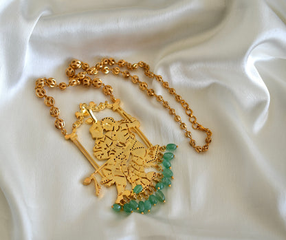 Gold tone pink-green kundan jadau Radhe-Krishna pendant necklace dj-52603