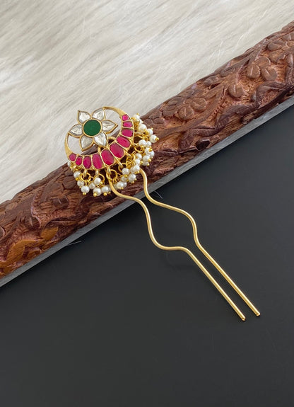 Gold tone kundan jadau kemp-green-white pearl moon flower hair jewel/pin dj-55066