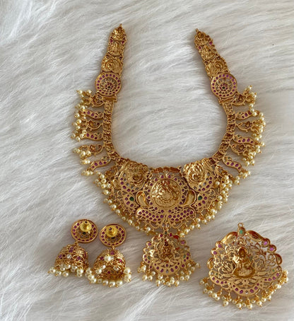 Antique gold tone lakshmi peacock necklace with changeable pendants set dj-54441