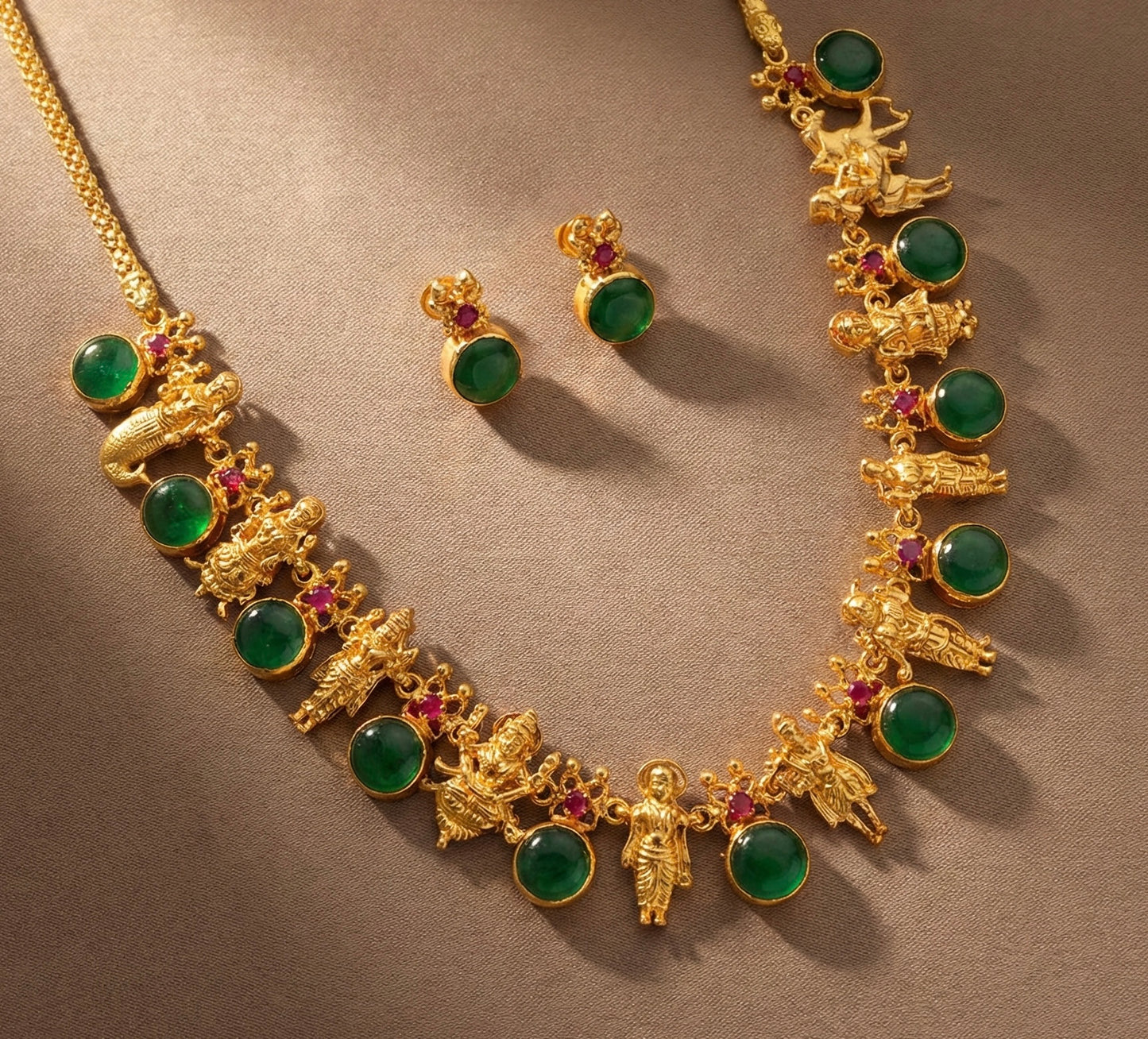 Gold tone pink-green round kerala style dasavathar necklace set dj-48089