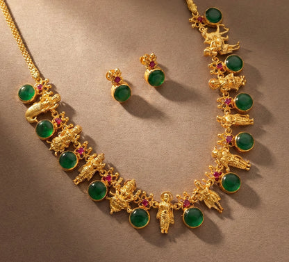 Gold tone pink-green round kerala style dasavathar necklace set dj-48089