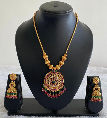 Gold Tone Cz Pink-green Peacock Necklace Set DJ32840