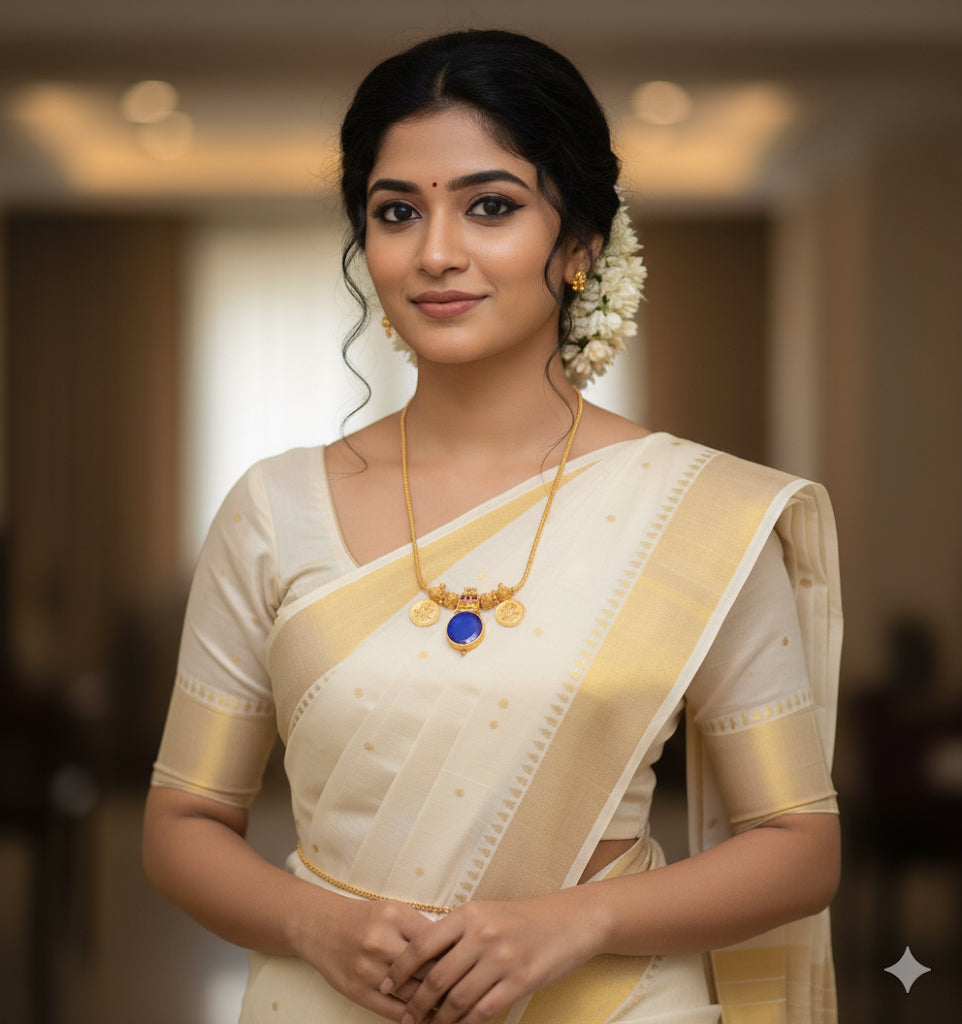 Gold tone pink-blue kerala style round kodi Lakshmi coin necklace dj-51705