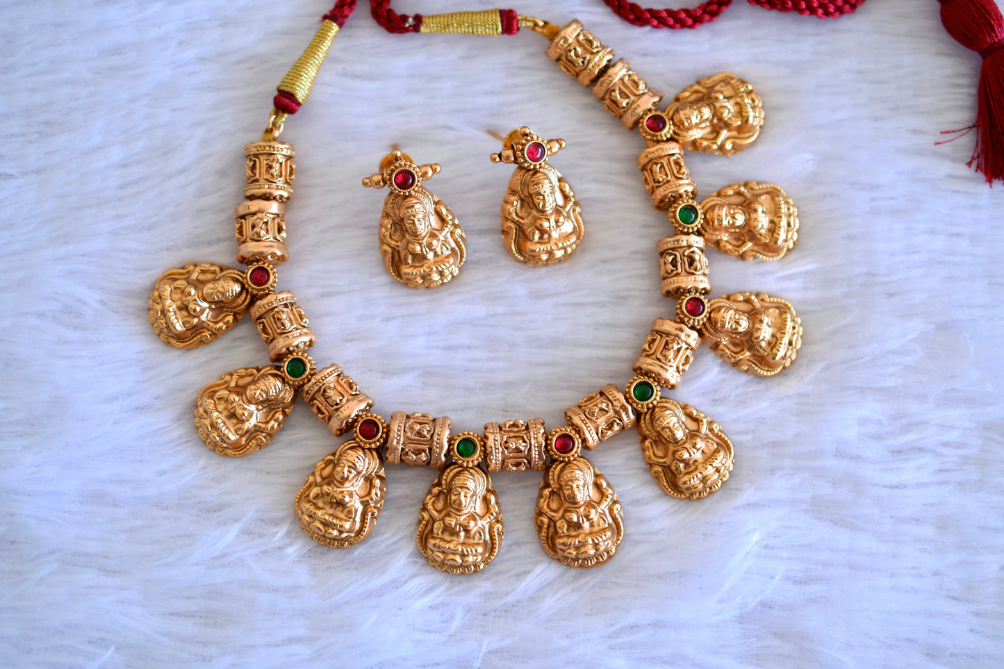 Antique gold tone kemp-green beaded nakshi lakshmi necklace set dj-52739