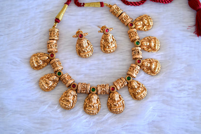 Antique gold tone kemp-green beaded nakshi lakshmi necklace set dj-52739
