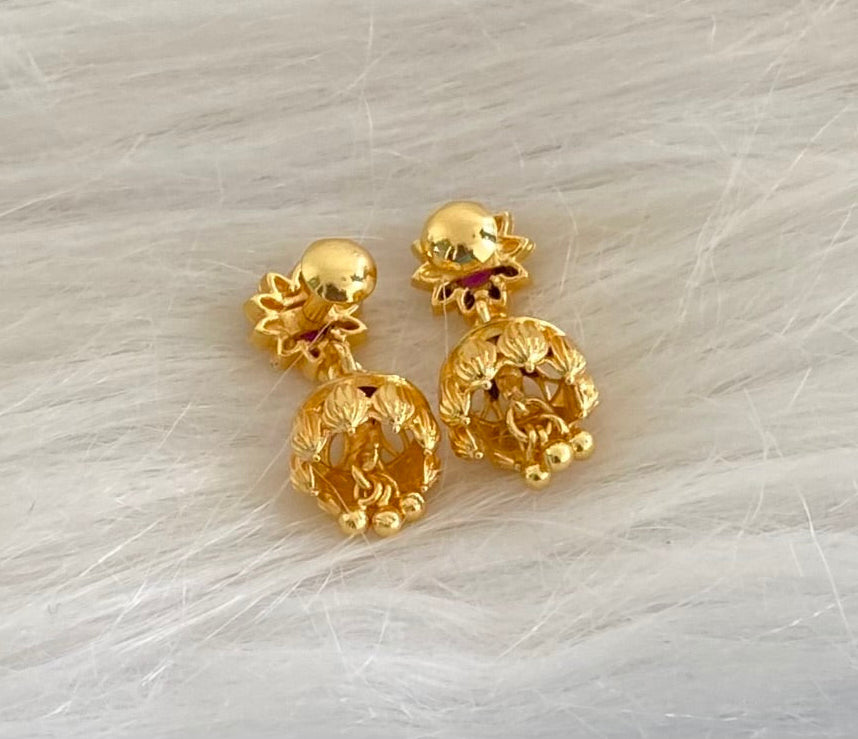 Gold tone pink stone flower small jhumkka dj-54648