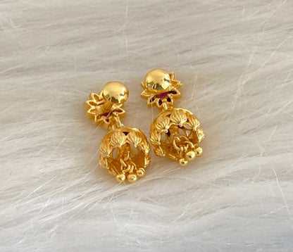 Gold tone pink stone flower small jhumkka dj-54648